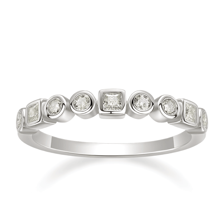 925 Sterling Silver Geometric Moissanite Band Ring (Round + Square Bezel Set) | Authentic Moissanite, Stackable Minimal Ring