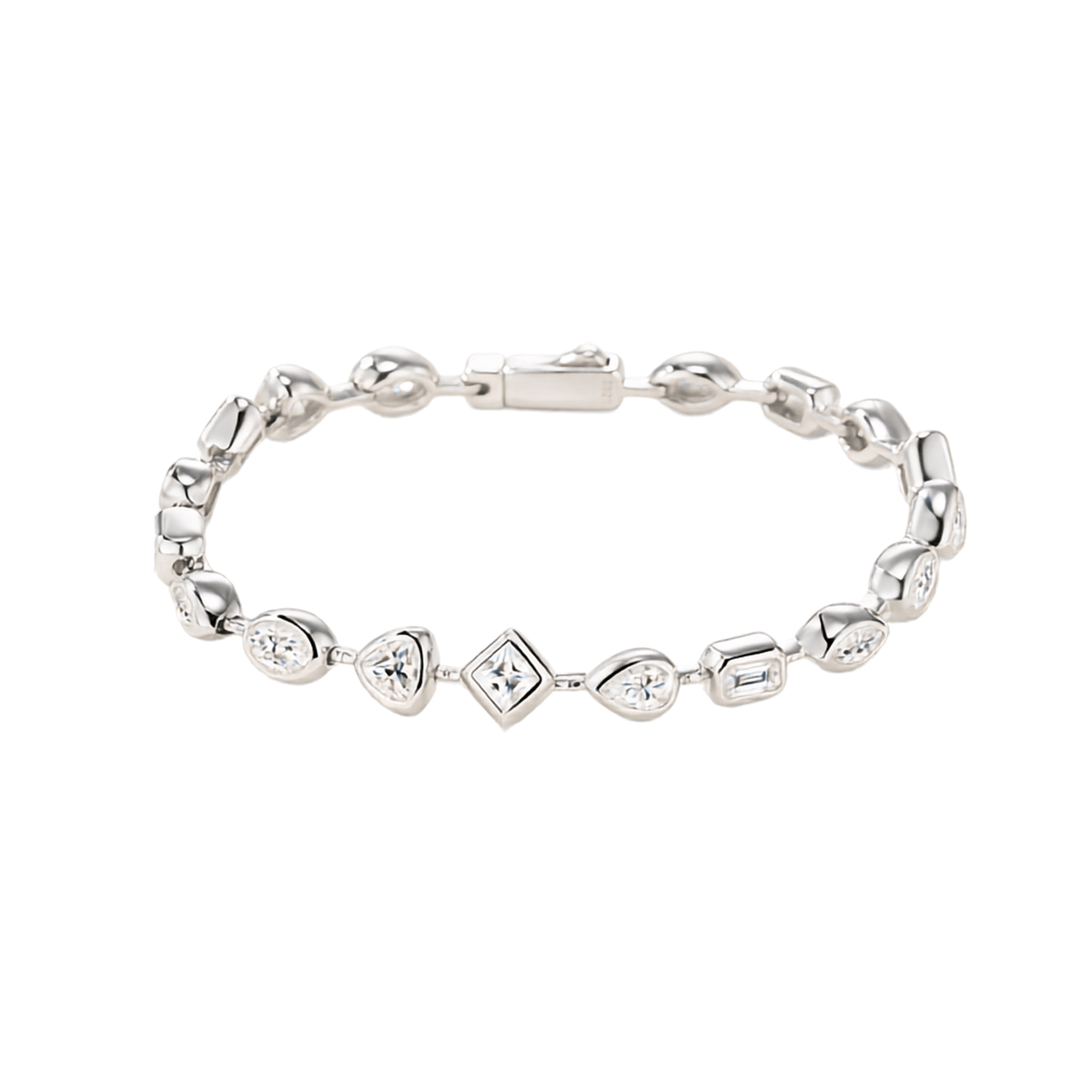 A silver link bracelet featuring a central diamond-shaped link with a clear gemstone, surrounded by heart and teardrop links, on a plain white background.