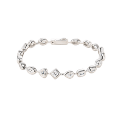 A silver link bracelet featuring a central diamond-shaped link with a clear gemstone, surrounded by heart and teardrop links, on a plain white background.