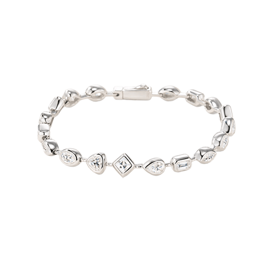 A silver link bracelet featuring a central diamond-shaped link with a clear gemstone, surrounded by heart and teardrop links, on a plain white background.