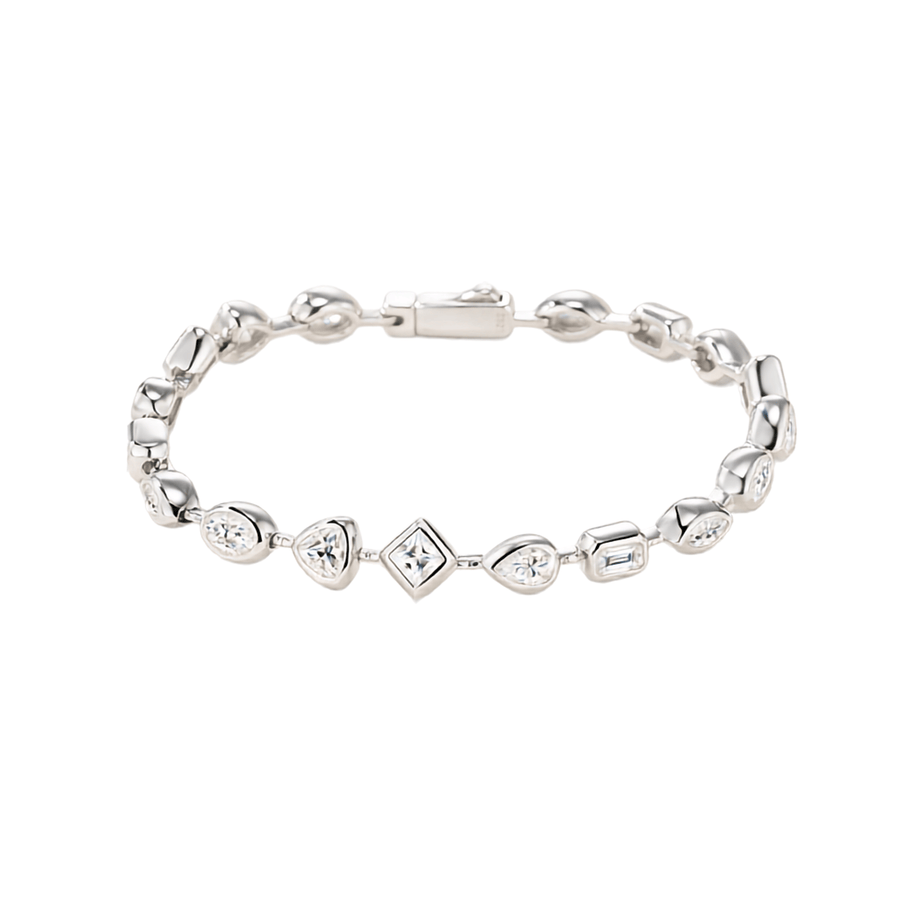 A silver link bracelet featuring a central diamond-shaped link with a clear gemstone, surrounded by heart and teardrop links, on a plain white background.