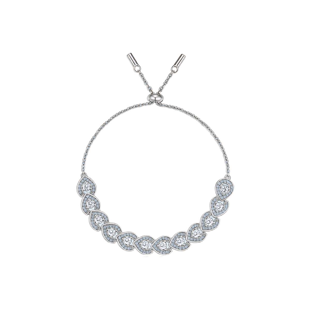 A silver-toned chain bracelet featuring a curved row of teardrop-shaped pavé diamond clusters, shown on a plain white background.