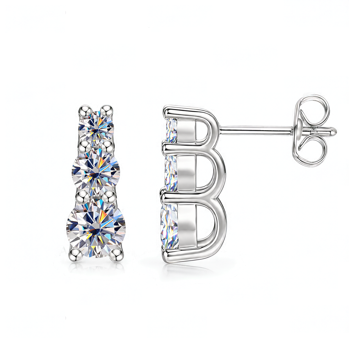 A pair of silver stud earrings with three marquise-cut clear crystals, shown from the front and side on a white background.