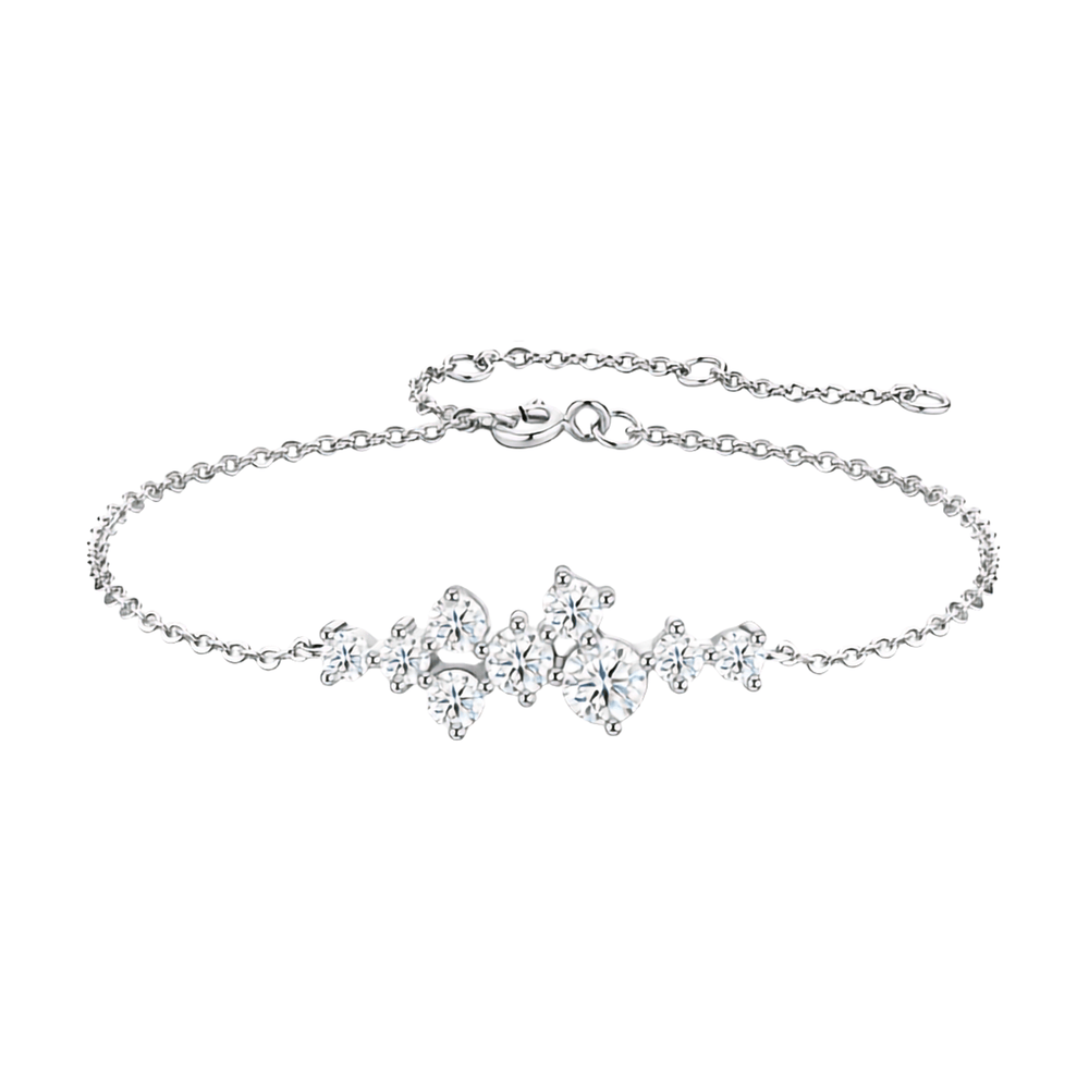 A delicate silver chain bracelet featuring a central cluster of clear, sparkling gemstones in a floral or leaf-like arrangement, displayed on a clean white background.