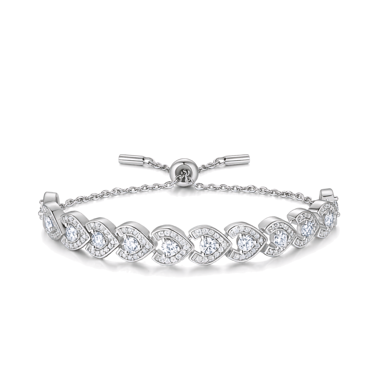 A silver tennis bracelet featuring heart-shaped pavé settings with clear round and pear-cut gemstones, shown on a clean white background.