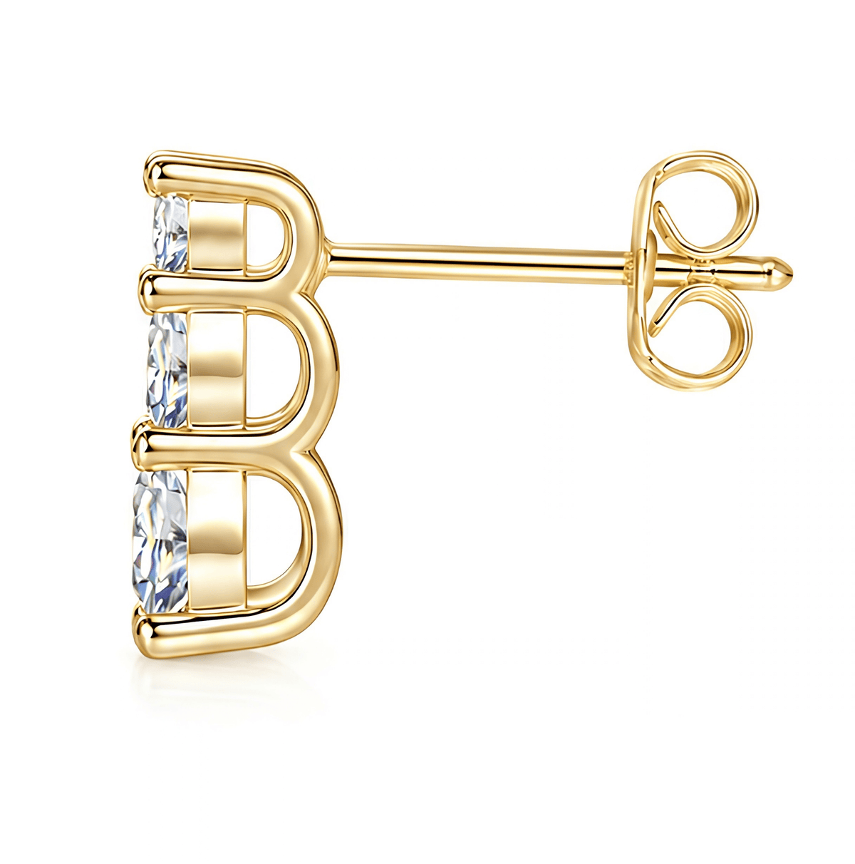 A single gold post earring with three vertical clear rectangular gemstones, shown from the side on a clean white background.