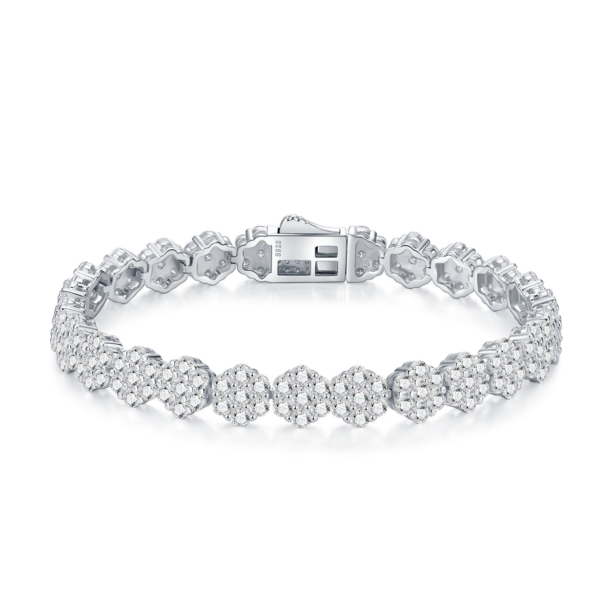 Silver bracelet with clear gemstones on a white background