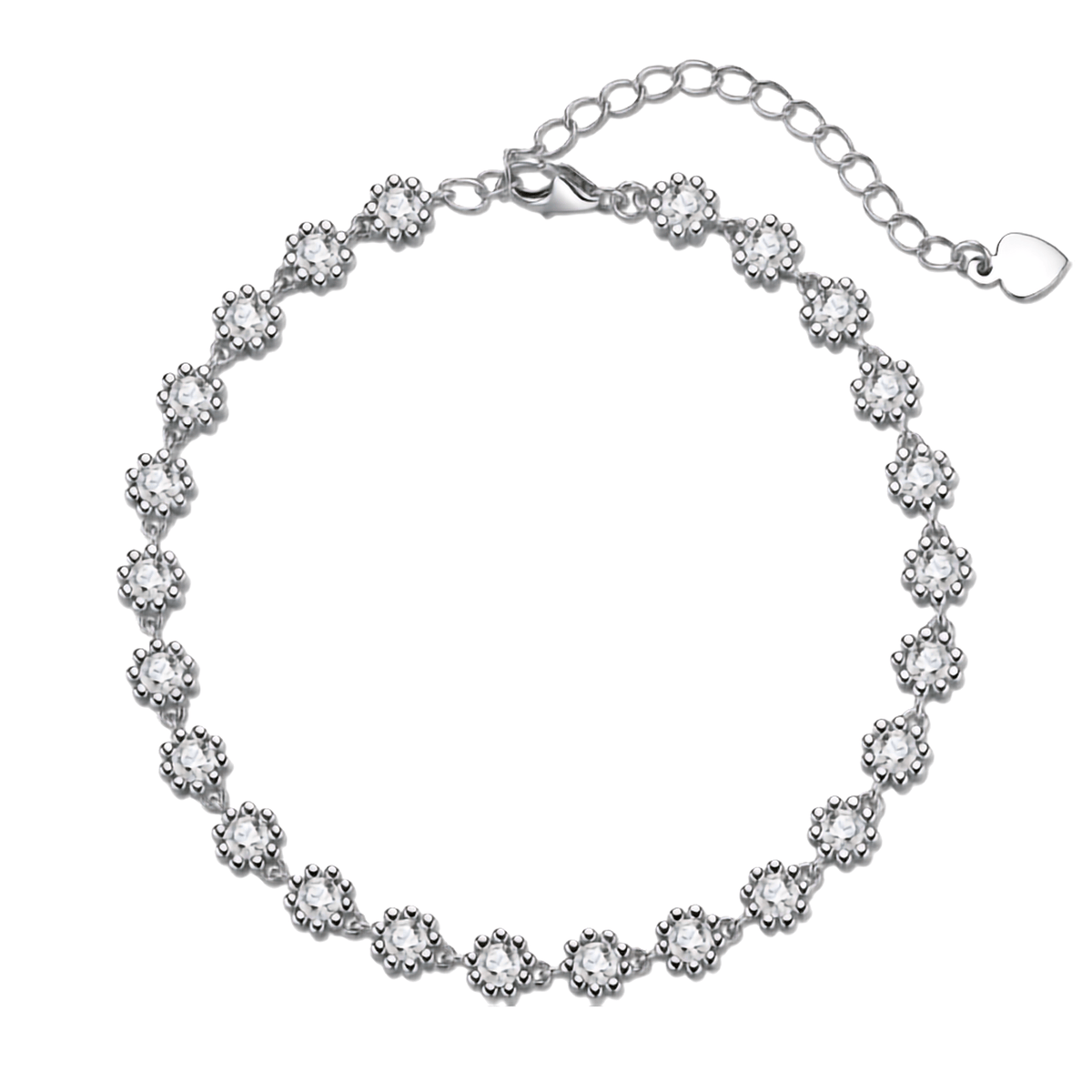 A silver-toned tennis bracelet featuring a continuous row of round clear gemstones in a floral or sunburst setting, with a lobster clasp and an adjustable chain extender with a heart-shaped tag, shown on a plain white background.