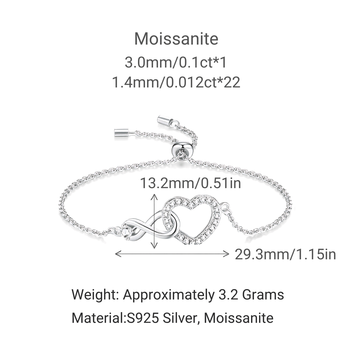 Silver chain bracelet with a heart and infinity knot charm, shown with measurement annotations and text listing dimensions, weight, and S925 silver and moissanite material on a white background.