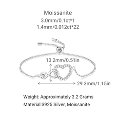 Silver chain bracelet with a heart and infinity knot charm, shown with measurement annotations and text listing dimensions, weight, and S925 silver and moissanite material on a white background.