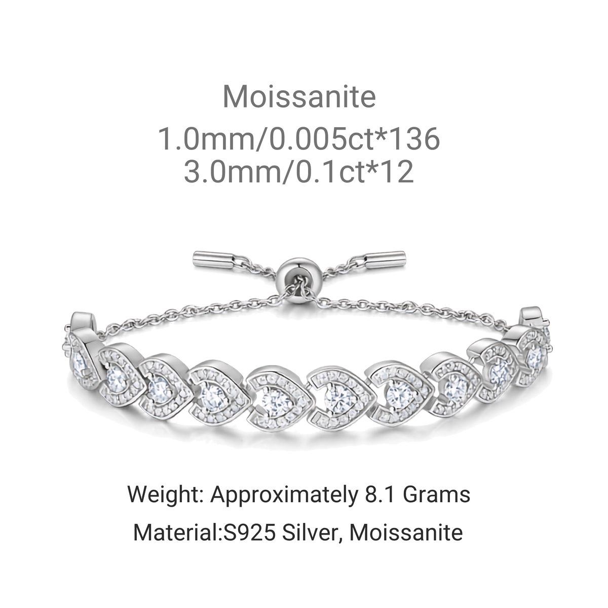 Silver bracelet with heart-shaped moissanite stones, shown on a white background with text detailing its dimensions, weight, and material composition.