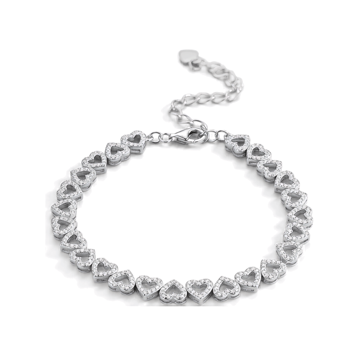 A silver heart-link bracelet with clear heart-shaped stones, displayed on a clean white background.