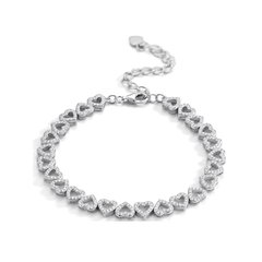A silver heart-link bracelet with clear heart-shaped stones, displayed on a clean white background.