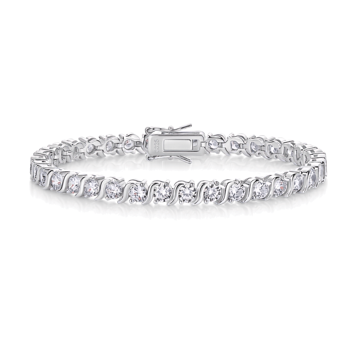 A silver tennis bracelet with round-cut clear gemstones in a prong setting, featuring a clasp closure, shown on a plain white background.