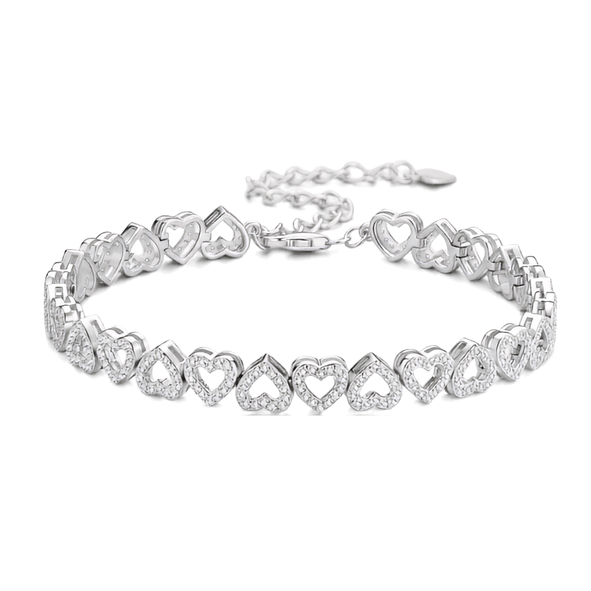 A silver heart-link bracelet with clear pavé stones, displayed on a clean white background.