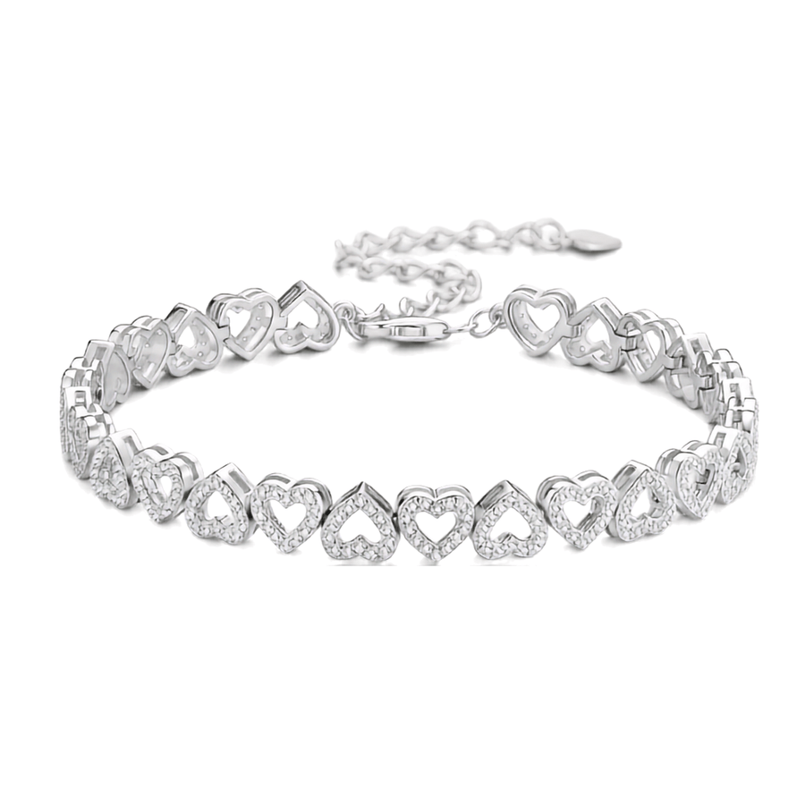 A silver heart-link bracelet with clear pavé stones, displayed on a clean white background.