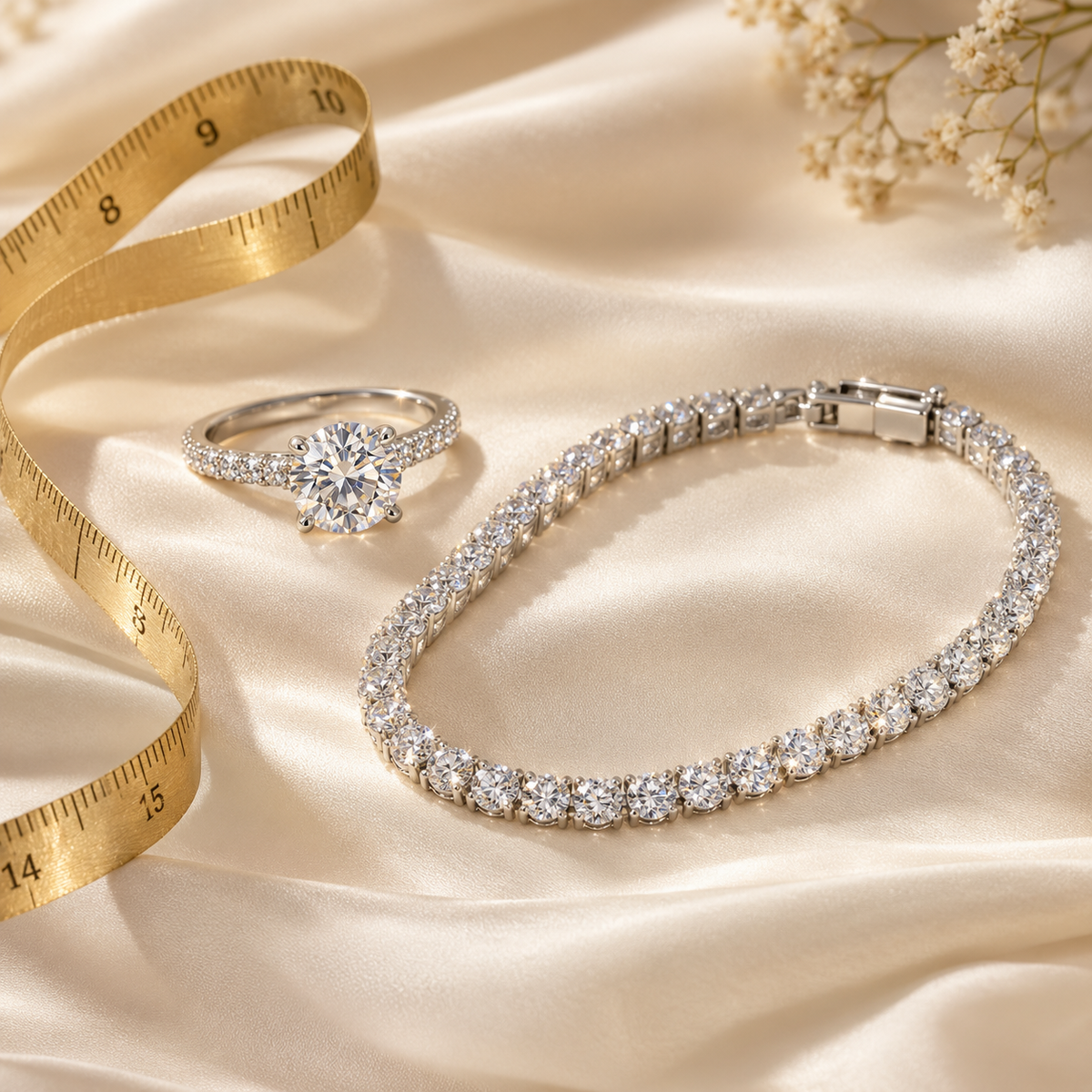 A silver tennis bracelet and matching solitaire ring set with clear stones, arranged on draped champagne satin with a gold measuring tape and small dried flowers.
