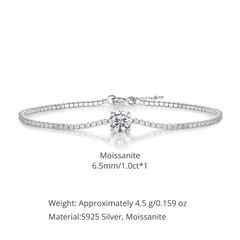 A silver bracelet with a round-cut moissanite center stone and a pavé-set band, shown on a white background with product specifications text below.
