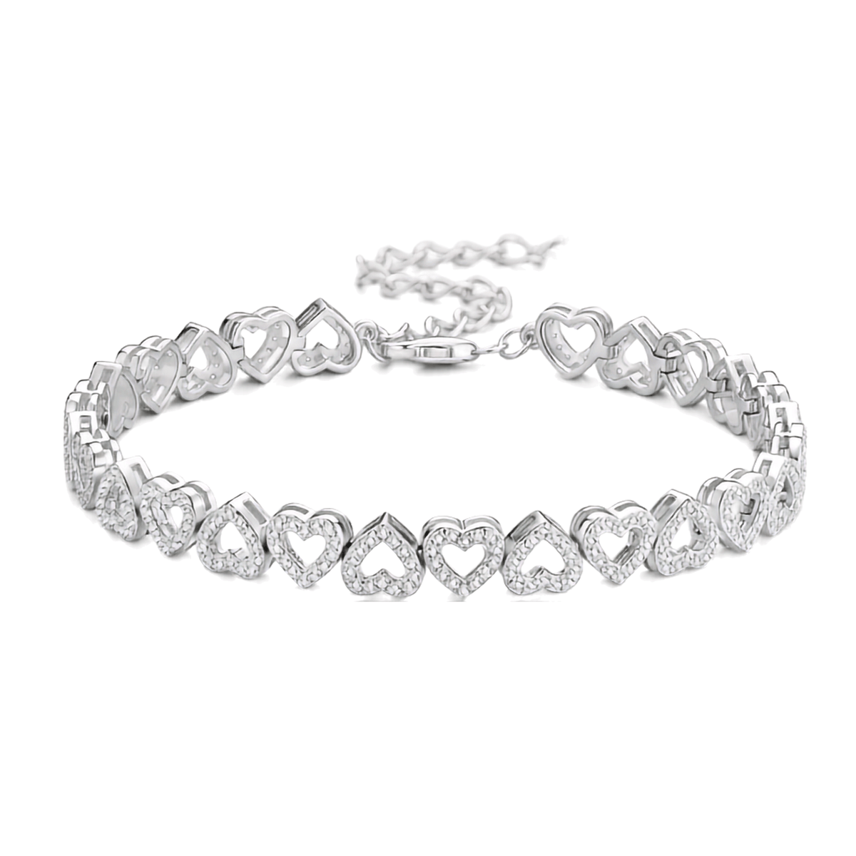 A silver heart-link bracelet with clear pavé stones, displayed on a clean white background.