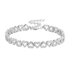 A silver heart-link bracelet with clear pavé stones, displayed on a clean white background.