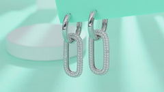 S925 Sterling Silver Moissanite Pavé Link Drop Hoop Earrings — Paperclip Dangle Design