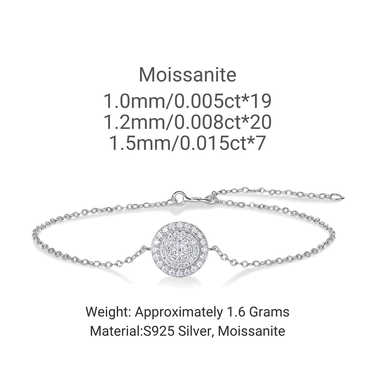 Silver bracelet with a round pavé Moissanite center charm and extender chain, shown on a white background with size and weight specifications.