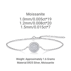 Silver bracelet with a round pavé Moissanite center charm and extender chain, shown on a white background with size and weight specifications.