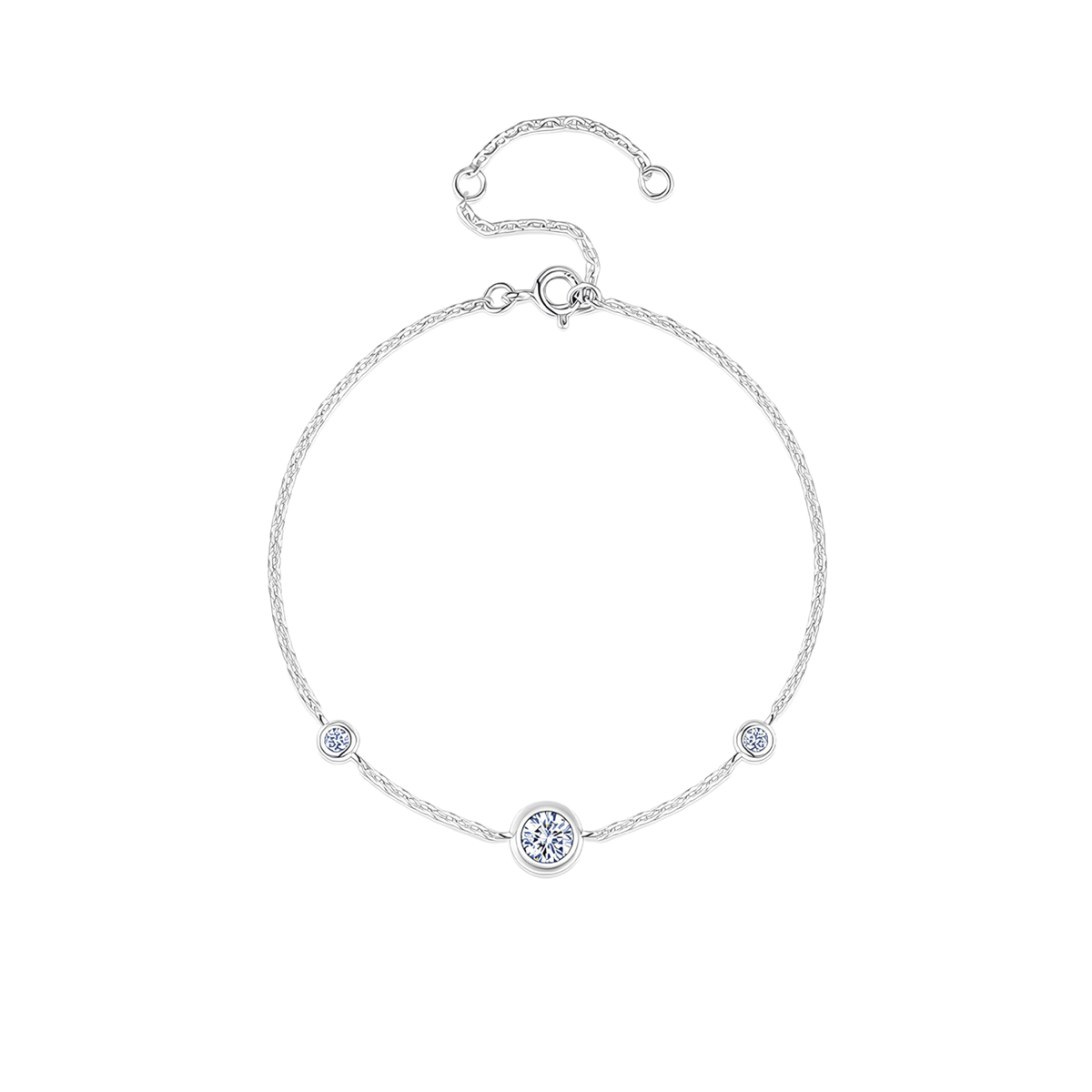A delicate silver chain bracelet with three bezel-set round clear stones, featuring a larger central round stone and two smaller accent stones, displayed on a clean white background.