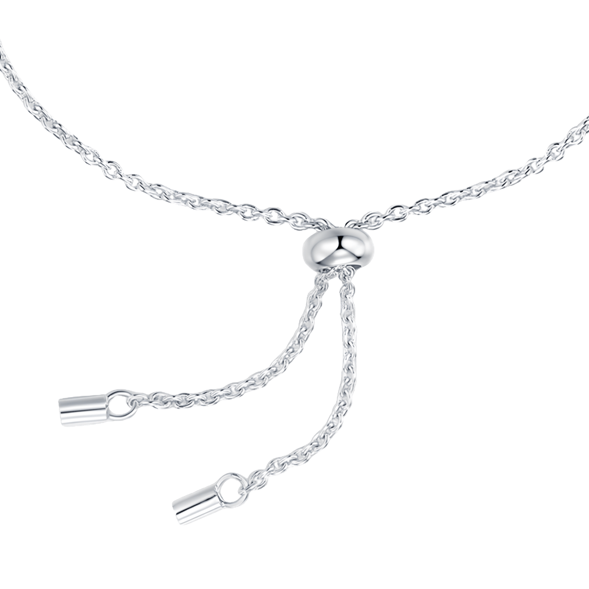 A silver adjustable chain necklace with a central ball clasp and two dangling chain sections ending in cylindrical slider rings, shown on a plain white background.