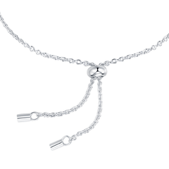 A silver adjustable chain necklace with a central ball clasp and two dangling chain sections ending in cylindrical slider rings, shown on a plain white background.