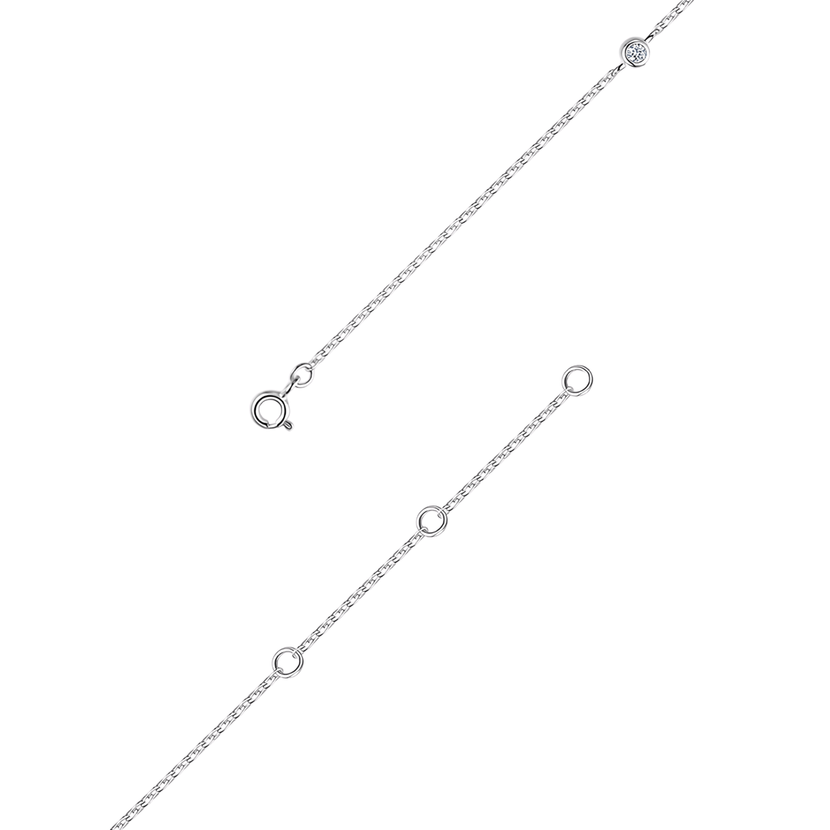 A silver chain bracelet shown diagonally on a plain white background, featuring a lobster clasp on one end and three evenly spaced circular link details on the other.