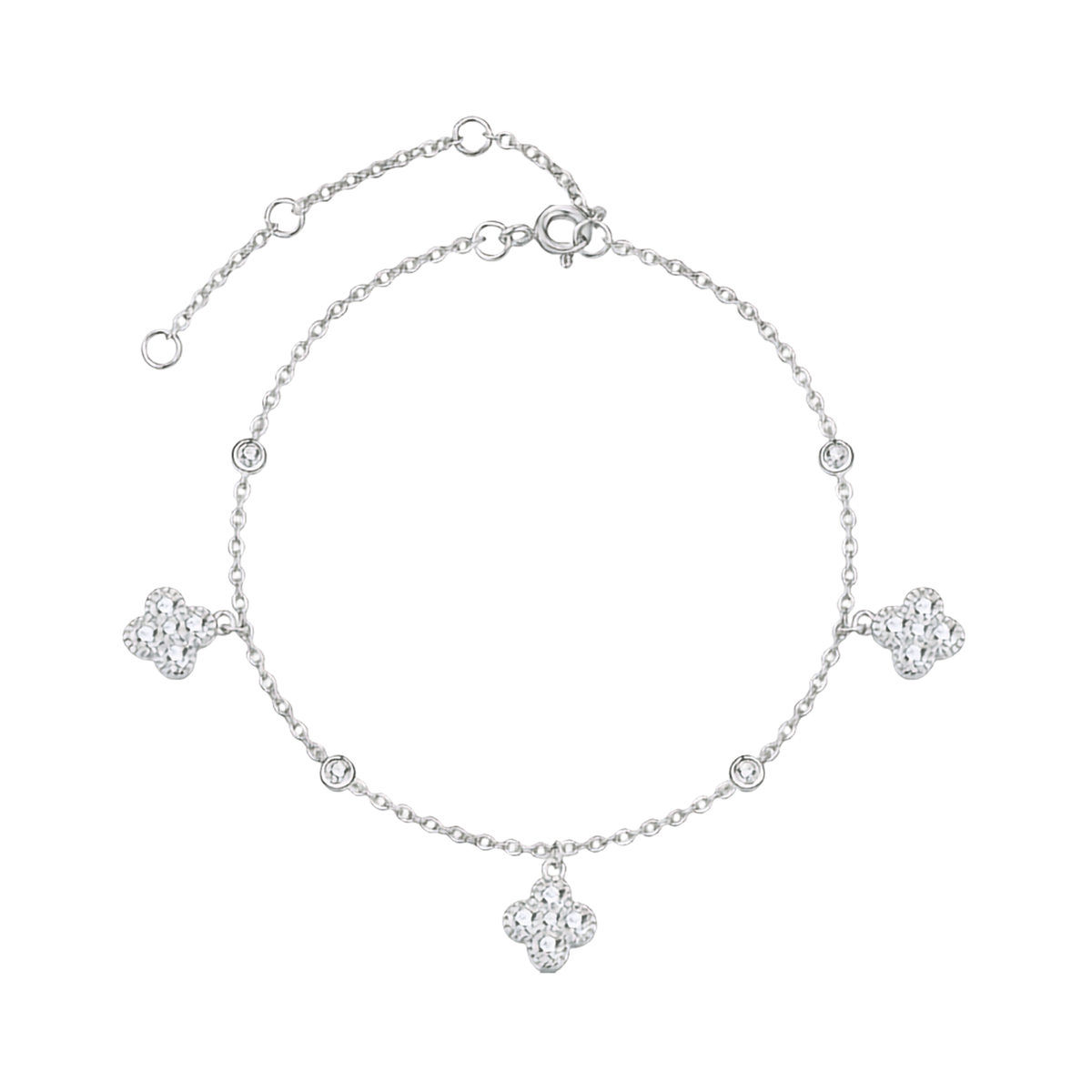 A delicate silver chain bracelet with five clear rhinestone-encrusted clover charms, displayed on a clean white background.