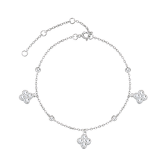A delicate silver chain bracelet with five clear rhinestone-encrusted clover charms, displayed on a clean white background.