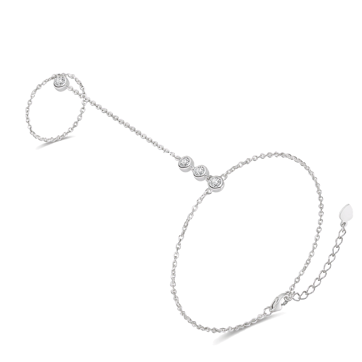 A delicate silver chain anklet featuring three small round bezel-set clear stones, a short segment with a single stone, and an adjustable lobster clasp with an extension chain, shown on a plain white background.