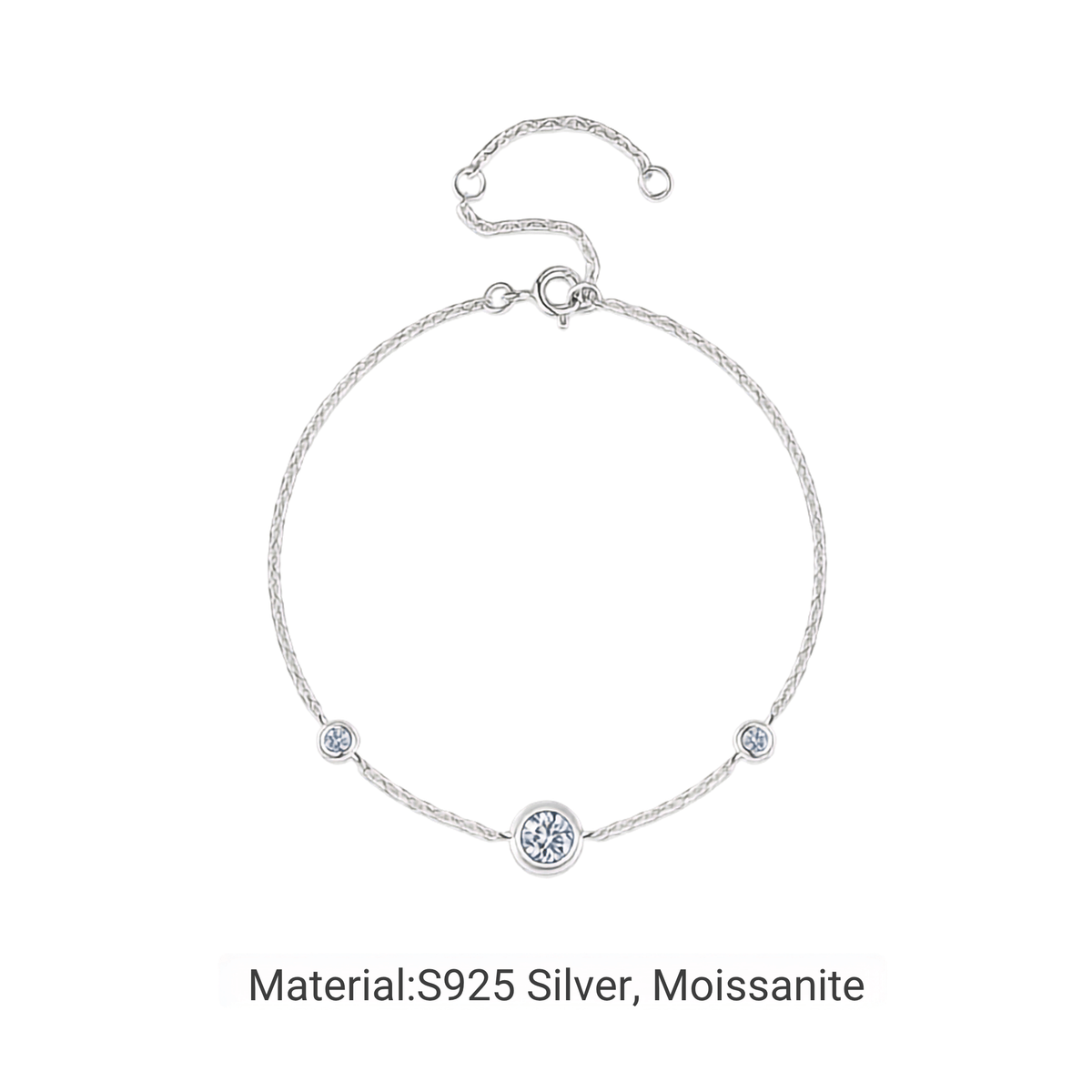 A silver chain bracelet with a central round bezel-set moissanite stone and two smaller side stones, shown on a plain white background with text below reading 'Material:S925 Silver, Moissanite'.