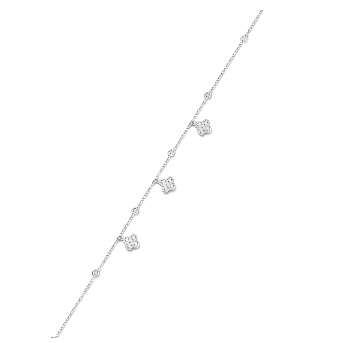 A delicate silver chain bracelet featuring four small, square-shaped clusters of clear stones, displayed diagonally on a solid white background.