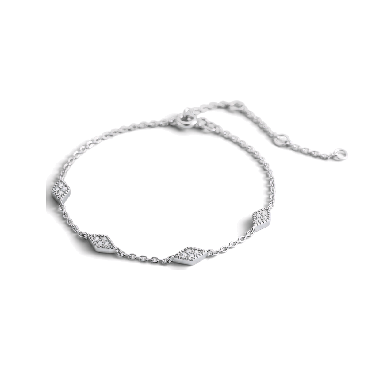 A delicate silver chain bracelet with three diamond-shaped pavé-set stone accents, displayed on a clean white background.