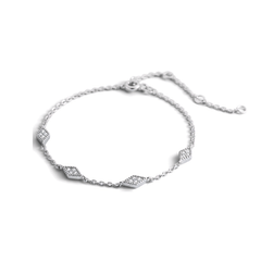 A delicate silver chain bracelet with three diamond-shaped pavé-set stone accents, displayed on a clean white background.