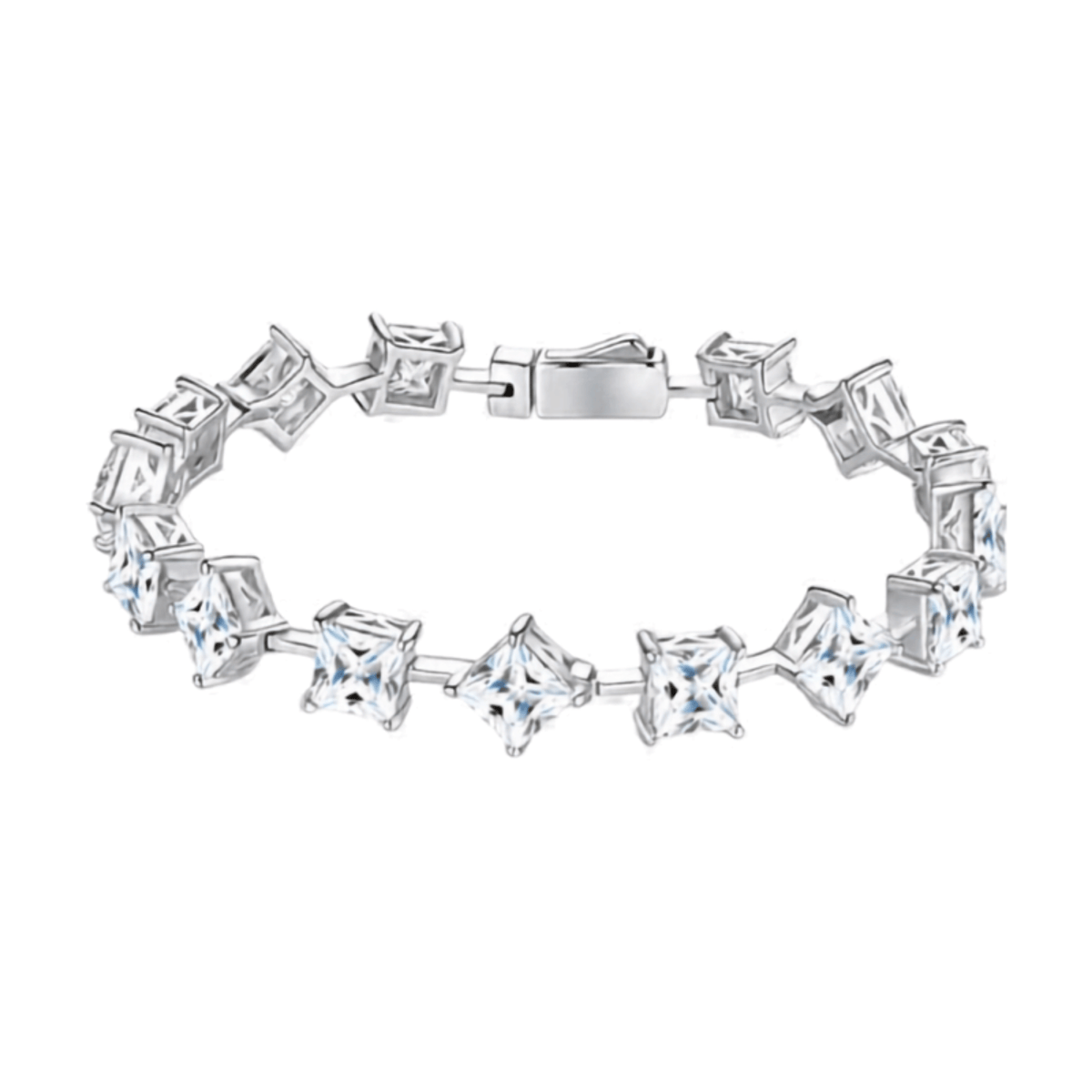 A silver tennis bracelet featuring clear, bezel-set princess-cut crystals arranged in a repeating pattern, shown against a plain white background.