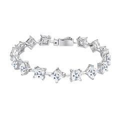 A silver tennis bracelet featuring clear, bezel-set princess-cut crystals arranged in a repeating pattern, shown against a plain white background.