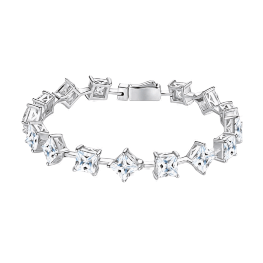 A silver tennis bracelet featuring clear, bezel-set princess-cut crystals arranged in a repeating pattern, shown against a plain white background.