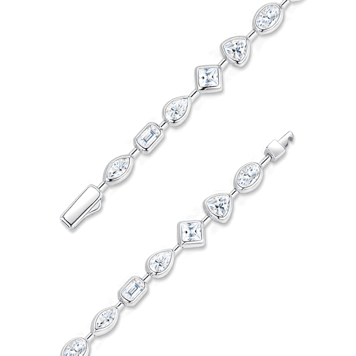 A silver-toned tennis bracelet featuring alternating oval, marquise, round, and princess-cut clear stones, shown in two close-up diagonal views on a white background.