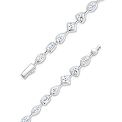 A silver-toned tennis bracelet featuring alternating oval, marquise, round, and princess-cut clear stones, shown in two close-up diagonal views on a white background.
