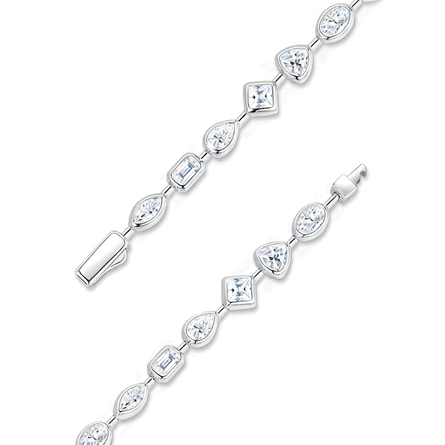 A silver-toned tennis bracelet featuring alternating oval, marquise, round, and princess-cut clear stones, shown in two close-up diagonal views on a white background.