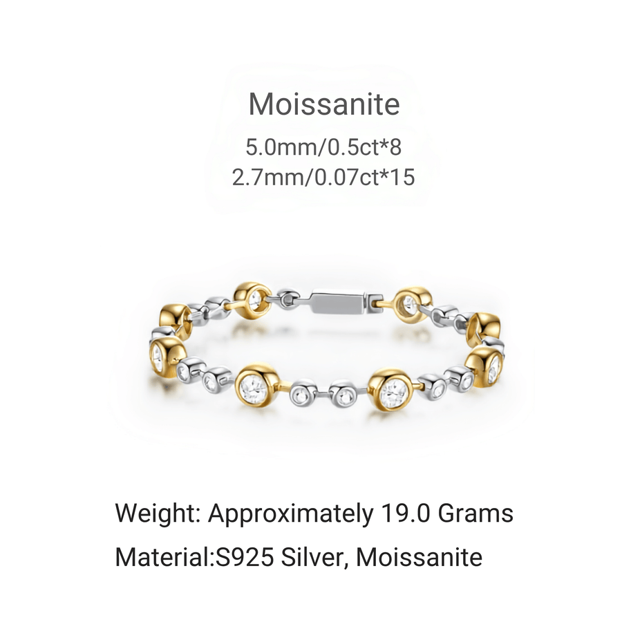 A two-tone yellow gold and silver bracelet featuring round bezel-set clear gemstones, displayed on a clean white background.
